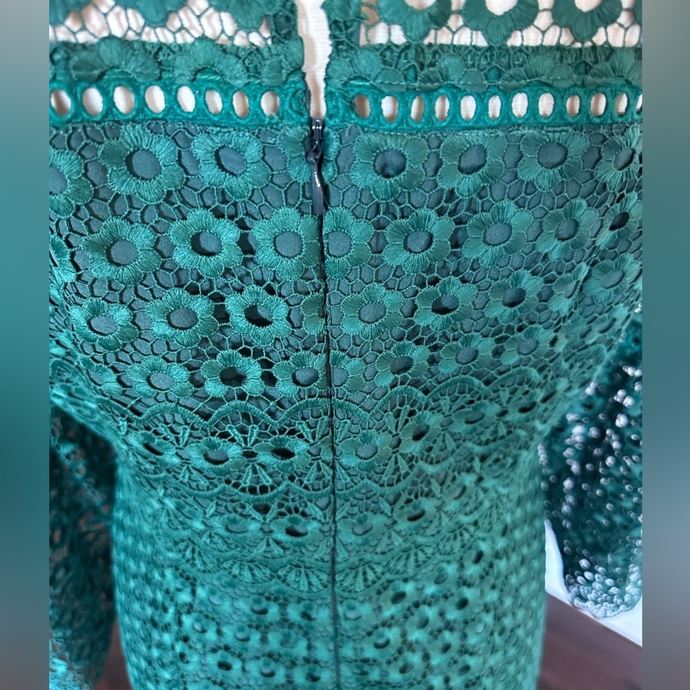 J. Crew Dress Bell Sleeve Daisy Eyelet Lace Crochet Holiday Emerald Green 12 - Picture 7 of 12